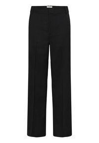 Pantalon habillé noir à jambes droites avec passants pour ceinture et plis avant, présenté sur un fond blanc.