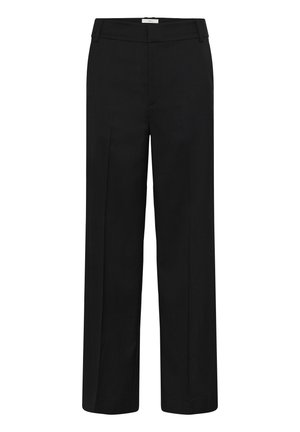 Black straight-leg dress pants with belt loops and front crease lines, displayed against a white background.