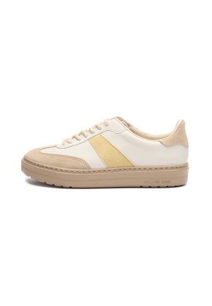 Low-top sneaker in cream and beige with suede accents, lace-up closure, and beige rubber sole, shown from the side on a white background.