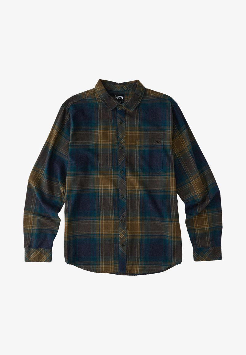 Chemise à manches longues à carreaux dans des teintes de bleu foncé, vert et marron. Dotée d'une fermeture à boutons, d'un col, d'une poche poitrine unique et d'un tissu texturé.
