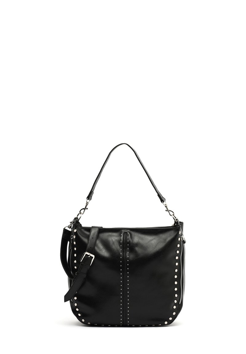 Schwarze Lederhandtasche mit strukturierter Form, verziert mit silbernen Nieten entlang der Seiten und einem abnehmbaren Tragegurt. Reißverschlussfach ist ebenfalls vorhanden.