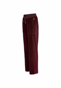 Kalhoty z burgundského veluru s volným střihem, stahovací šňůrkou v pase, dvěma bočními kapsami a zlatými detaily na šňůrce a logu.