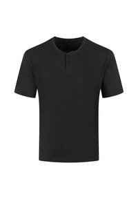 Czarna koszulka z krótkim rękawem wykonana z miękkiego materiału, z okrągłym dekoltem i trzema guzikami, o luźnym kroju, idealna na codzienne noszenie.