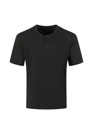 Czarna koszulka z krótkim rękawem wykonana z miękkiego materiału, z okrągłym dekoltem i trzema guzikami, o luźnym kroju, idealna na codzienne noszenie.