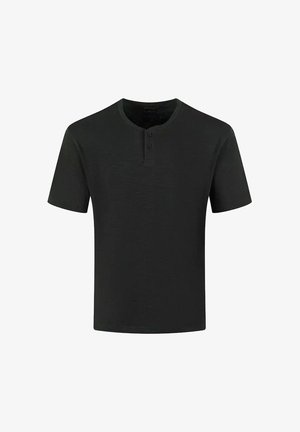 Czarna koszulka z krótkim rękawem wykonana z miękkiego materiału, z okrągłym dekoltem i trzema guzikami, o luźnym kroju, idealna na codzienne noszenie.