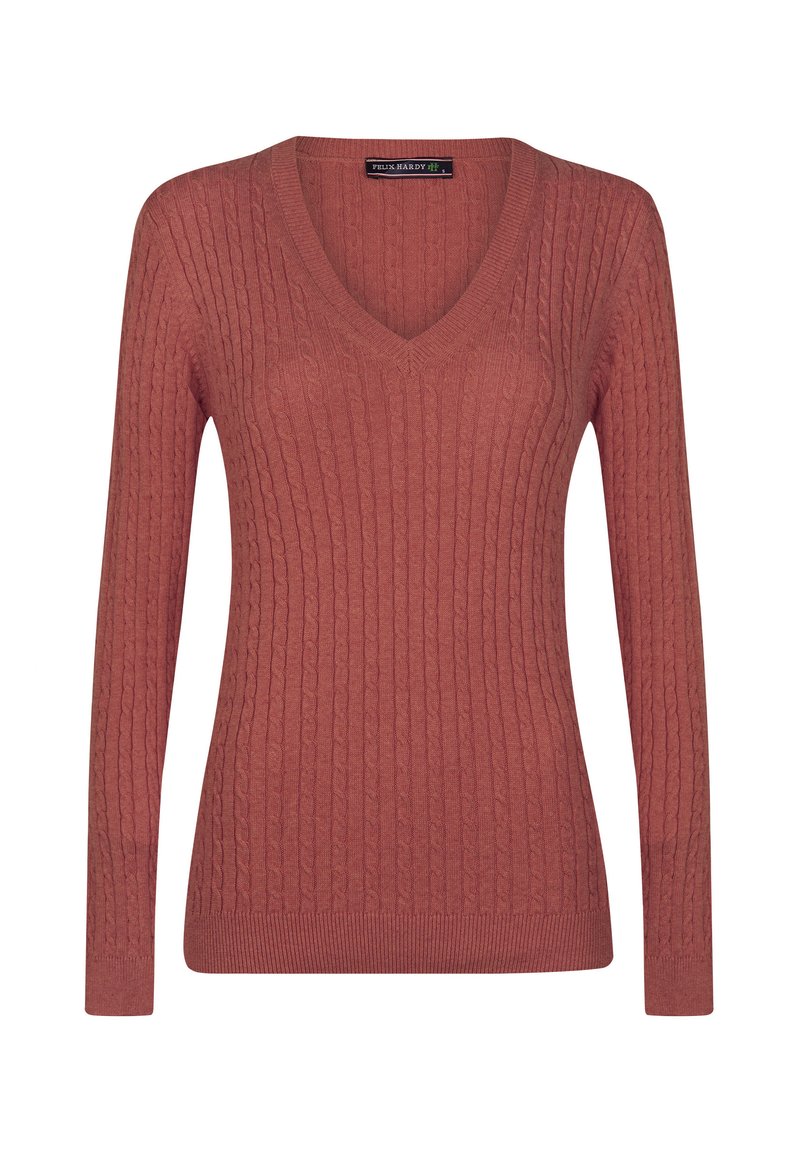V-Ausschnitt Rippstrickpullover in staubrosa Farbe. Lange Ärmel, strukturierter Strickmuster und gerippter Saum. Geeignet für die Freizeit.