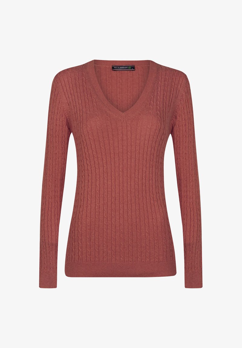 V-Ausschnitt Rippstrickpullover in staubrosa Farbe. Lange Ärmel, strukturierter Strickmuster und gerippter Saum. Geeignet für die Freizeit.