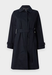 Marineblauer trenchcoat aus glattem Stoff, mit tailliertem Schnitt, Klapptaschen und klassischem Kragen mit Knopfakzenten.