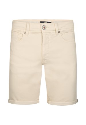 Krótkie spodenki z dżinsu w kolorze ecru, z podwiniętymi brzegami, zapięciem na guziki z przodu, szlufkami na pasek oraz kieszeniami z przodu i z tyłu.