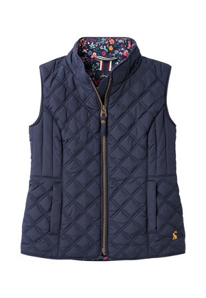 Marinefarvet quiltet ærmeløs vest med frontlynlås, sidelommer, opretstående krave, blomsterinderfor og lille gul broderet logo på kanten.