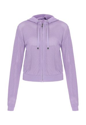 Jasnofioletowa bluza z siateczkowym materiałem na zamek, z długimi rękawami i regulowanym kapturem ze sznurkiem, pokazująca przewiewną, dzianą fakturę.