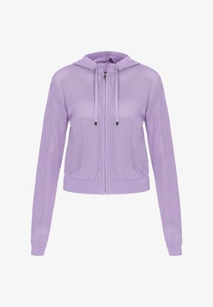 Jasnofioletowa bluza z siateczkowym materiałem na zamek, z długimi rękawami i regulowanym kapturem ze sznurkiem, pokazująca przewiewną, dzianą fakturę.