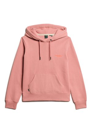 Sudadera rosa hecha de tela suave, con un bolsillo tipo canguro, capucha con cordón y un sutil detalle de logo en el pecho. Diseño acogedor y simple.