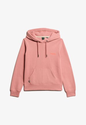 Un sweat à capuche rose en tissu doux, doté d'une poche kangourou, d'une capuche avec cordon de serrage et d'un détail de logo subtil sur la poitrine. Conception confortable et simple.