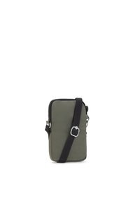 Bolso cruzado verde de tela con cierre de cremallera, forma rectangular, superficie texturizada, correa negra ajustable y accesorios de metal plateado.