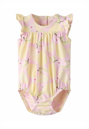 Sleeveless baby romper with ruffled shoulder details, elastic leg openings, and a pastel pink and yellow lemon and flower pattern.
