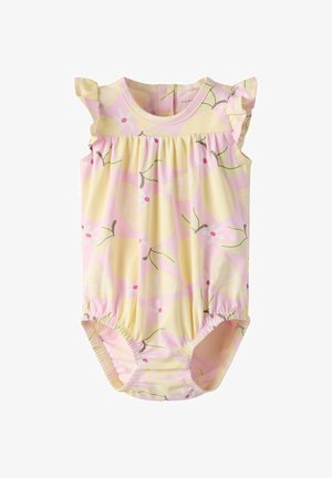 Sleeveless baby romper with ruffled shoulder details, elastic leg openings, and a pastel pink and yellow lemon and flower pattern.