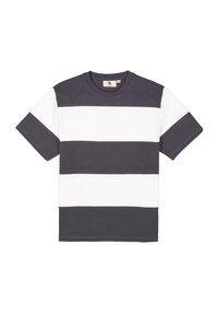 Camiseta de algodón con rayas horizontales en gris oscuro y blanco, mangas cortas, cuello redondo y un corte relajado. Textura suave, diseño casual.