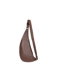 Borsa a tracolla in pelle marrone con design curvo, texture liscia, tracolla regolabile e delicati accenti hardware. Ideale per un uso informale.
