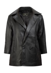 Schwarze Leder-Doppeltknopfjacket mit Reverskragen, seitlichen Taschen und glatter Textur. Verfügt über ein elegantes, leicht übergroßes Design.