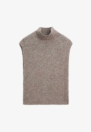 Ärmelloser beiger Strickpullover mit hohem geripptem Kragen und gerippten Details an den Seiten und am Saum, flach auf weißem Hintergrund ausgelegt.