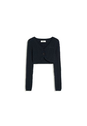 Cardigan nero corto con lavorazione a trecce, maniche lunghe e due bottoni frontali.