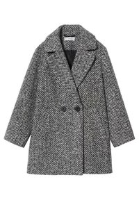 Dvoukřídlý kabát se vzorem rybí kosti v šedé a černé barvě, s širokým límcem a černými knoflíky, vyrobený z texturované látky připomínající vlnu.