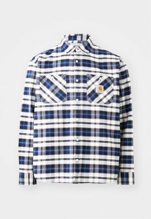 Plaid shirt in blue and white tones, featuring two front pockets, button closure, and a folded collar. Made of a lightweight fabric.