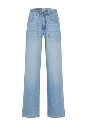Helle blaue, weit geschnittene Jeans aus Denim mit einem Kordelzugbund und Fronttaschen. Die Textur ist glatt mit minimaler Ausbleichung.