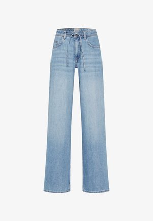 Lyseblå brede jeans lavet af denim, med en snoretræk i taljen og forlommer. Teksturen er glat med minimal falming.