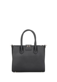 Borsa in pelle nera con forma strutturata, manici corti, dettagli in metallo dorato e un motivo di borchie decorative sulla parte anteriore.