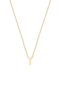 Złoty naszyjnik z zawieszką w kształcie litery Y na delikatnym łańcuszku, gładka faktura z polerowanym wykończeniem, minimalistyczny design.