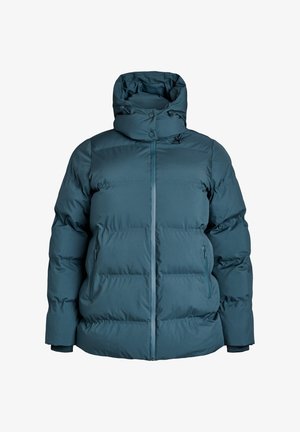 Teal puffer jacket with a high collar and adjustable hood. Horizontal stitching, two zippered side pockets, and elastic cuffs for snug fit.