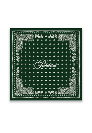 Donkergroene bandana met witte paisley-patronen en kleine diamantvormen, met het woord "Verboden" in cursief in het midden.