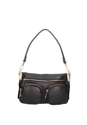 Sac à bandoulière en cuir noir avec une poche principale zippée, deux poches avant zippées, et des accessoires en métal doré sur les anses et les fermetures éclair.