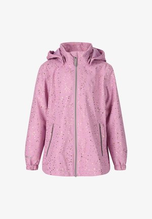 Kinderleichte rosa Kapuzenjacke mit kleinen goldfarbenen Folienpunkten, Reißverschluss vorne und zwei seitlichen Reißverschlusstaschen.