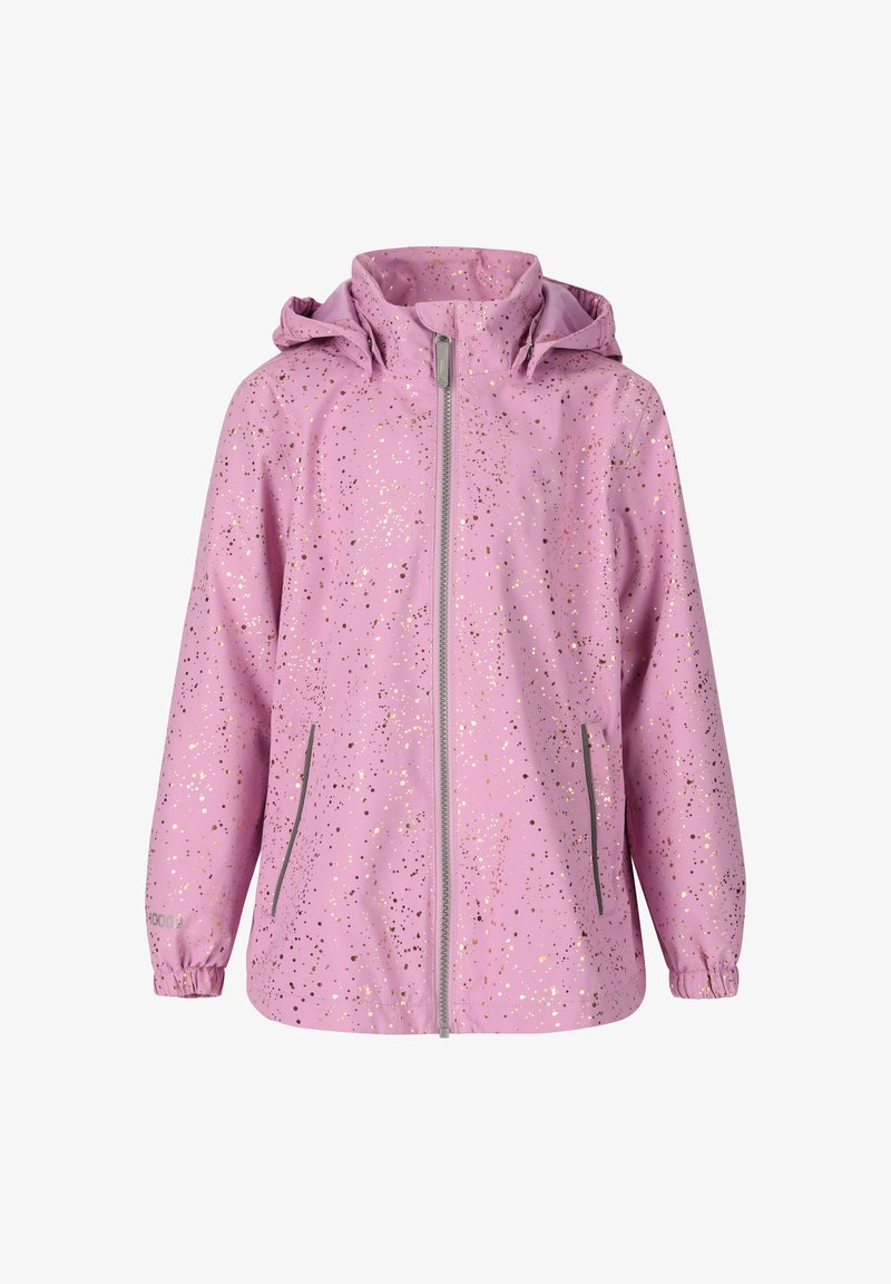 Kinderleichte rosa Kapuzenjacke mit kleinen goldfarbenen Folienpunkten, Reißverschluss vorne und zwei seitlichen Reißverschlusstaschen.