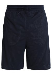 Marina blå mesh-idrottsshorts med elastisk midja och främre snöre, knälånga, unisexmodell.