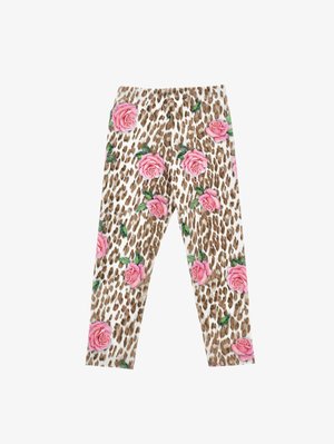 Leggings, jotka esittelevät ruskeaa leopardikuosisia suurilla vaaleanpunaisilla ruusuilla ja vihreillä lehdillä, on suunniteltu pehmeästä ja joustavasta kankaasta.