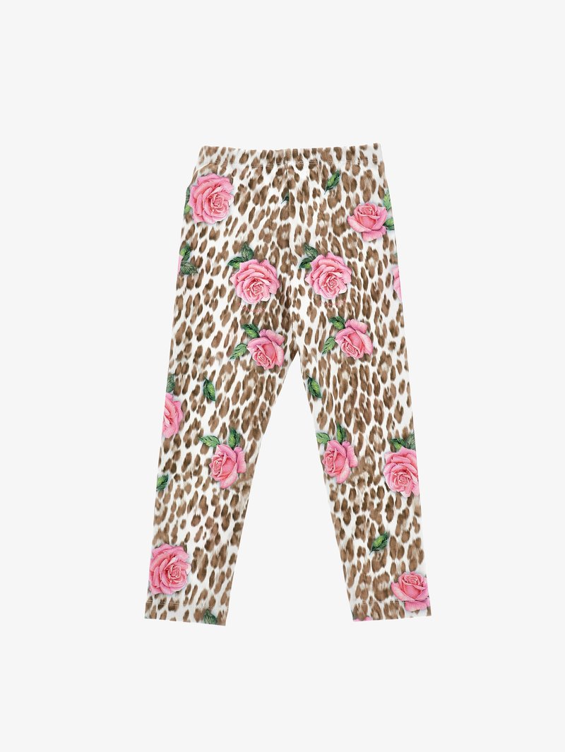 Barna leopárdmintás leggings nagy rózsaszín rózsákkal és zöld levelekkel, puha, rugalmas anyagból készítve.