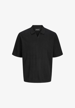 Fekete rövid ujjú kötött póló finom függőleges csíkokkal és puha gallérral.