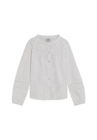 Camisa blanca de botones con un intrincado bordado, mangas largas con puños elásticos y un escote redondo con sutiles detalles de volantes.