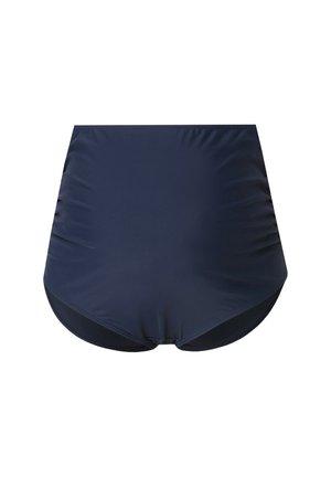 Hoch geschnittene Bikinihose in Marineblau, aus glattem, elastischem Material mit seitlichen Raffungselementen und nahtlosem Finish.