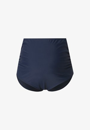 Bas de maillot de bain taille haute en bleu marine, fabriqué dans un tissu lisse et extensible, avec des détails froncés sur les côtés et une finition sans couture.