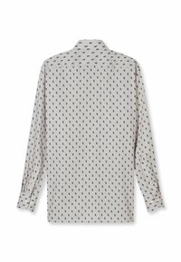 Langärmeliges Hemd in Hellgrau mit kleinem marineblauem Paisley-Muster. Mit Kragen, Knopfmanschetten und geradem Saum. Maschenware mit Struktur.