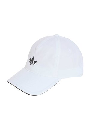 Biała czapka baseballowa Adidas z czarnym logo trifolium z przodu oraz zakrzywionym daszkiem z czarną lamówką.