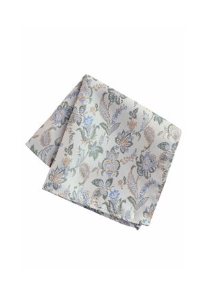 Bloemig patroon zakdoek in lichtgrijs, met blauwe, groene en gouden accenten. Zachte textuur, gevouwen in een vierkant.