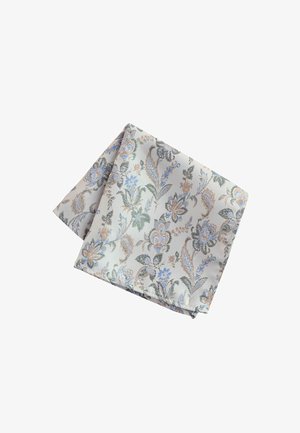 Floral patterned handkerchief in light grey, featuring blue, green, and gold accents. Smooth texture, folded in a square shape.