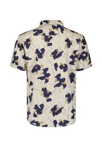 Kort-gevende shirt met een licht beige achtergrond, voorzien van een marineblauw bloemenpatroon en gele accenten. Met knoopsluiting bij de kraag; ontspannen pasvorm.