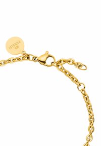 Goldarmband mit Karabinerverschluss. Verfügt über runde Glieder und ein kleines Rundtag, das mit "PurElli" graviert ist. Verstellbare Länge.
